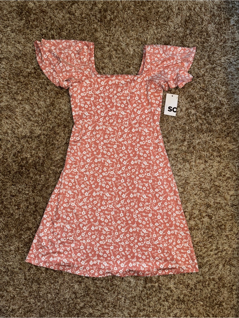 SO Rose-Pink Floral Square Neck Dress with Flutter Sleeves